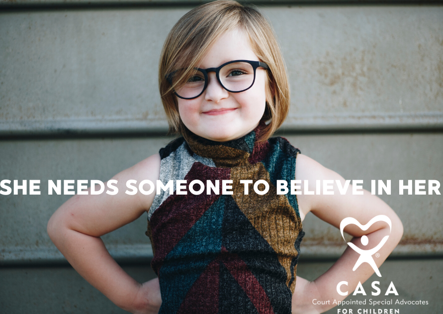Smiling child with glasses, CASA logo visible.