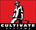 Logo of farmer with hoe by Cultivate Systems