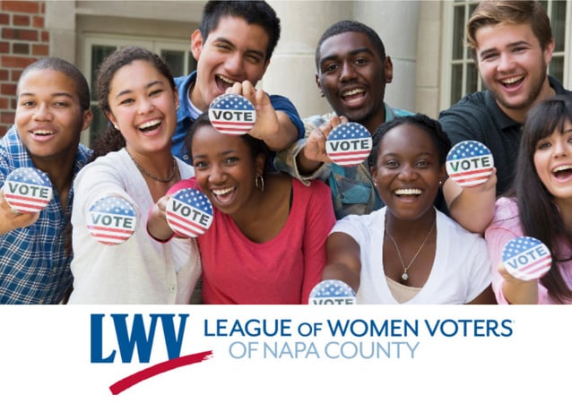 Diverse group holding 'Vote' badges, smiling.