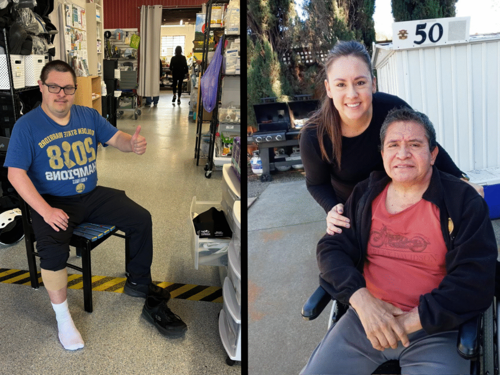 Man in shop and duo outdoors smiling.