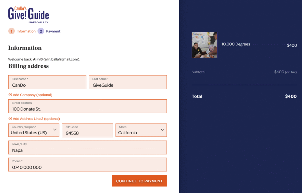 Checkout page with billing address form and total cost.